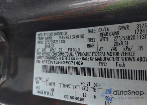 2016 Ford F-150 Lariat z USA, uszkodzony, nr VIN 1FTEW1EF9GFC71489